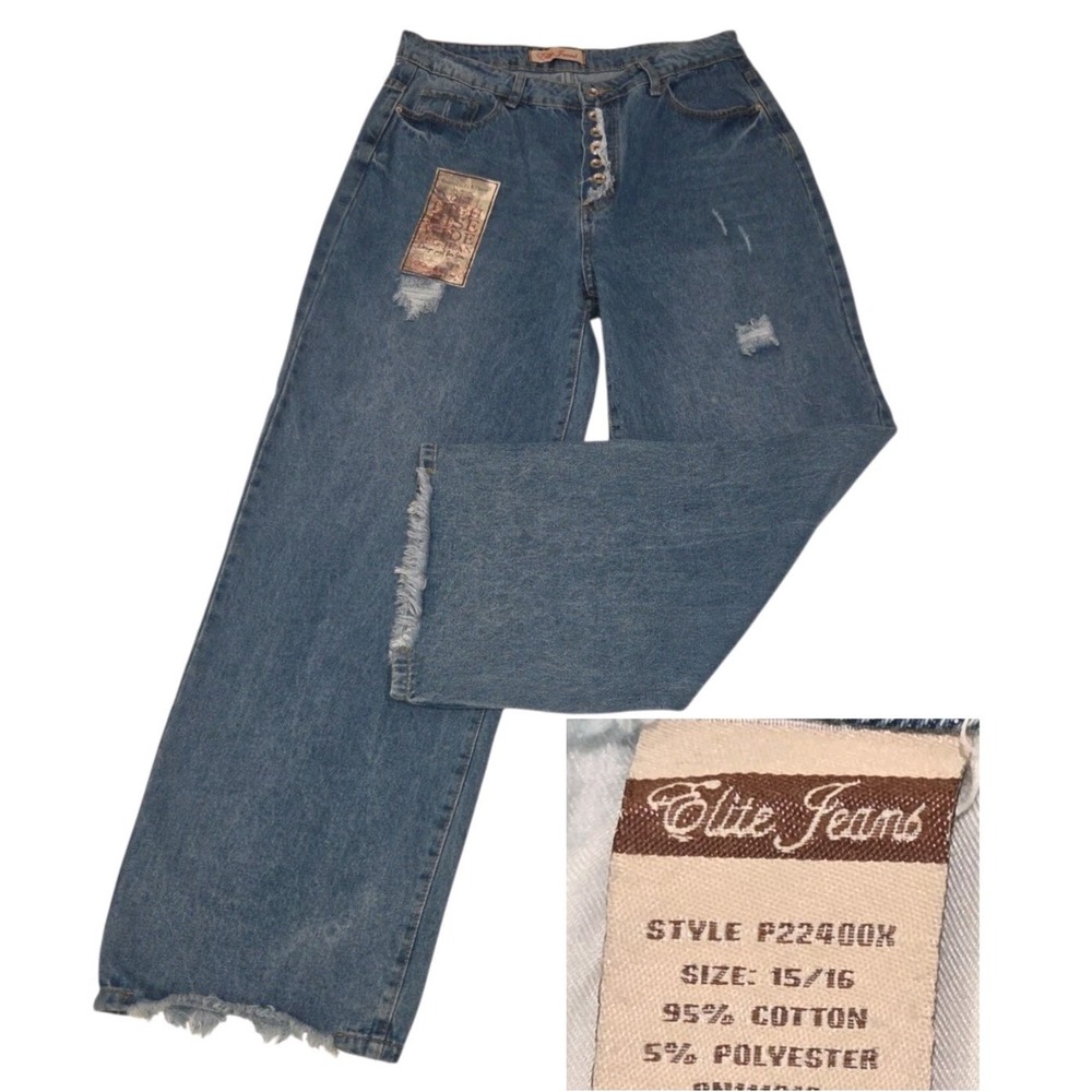 Elite Jeans Women's Size 15/16 Junior High Rise Wide Leg Button Fly Medium Wash